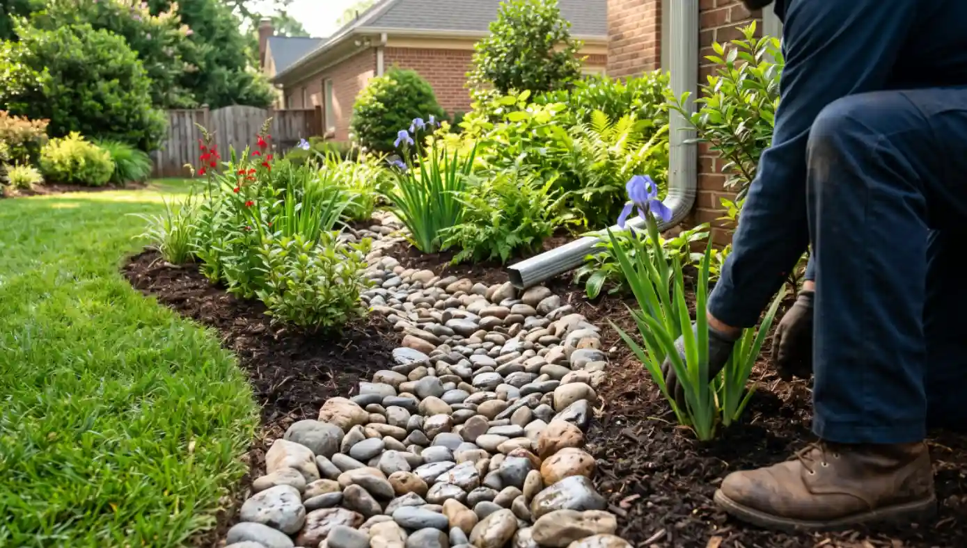 Groundsmen crew planting iris along a river rock dry creek bed that channels downspout runoff, one of the top landscaping trends Charlotte homeowners are adopting
