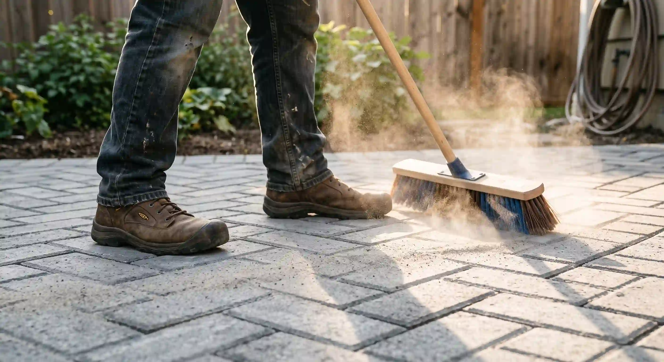 Sweeping polymeric sand into paver joints on a backyard patio, a key step in hardscape maintenance Charlotte properties need to prevent shifting and weeds