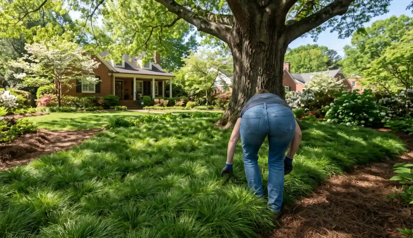 Homeowner tending a mondo grass lawn under a mature oak, a shade tolerant option among lawn alternatives Charlotte properties use where turf struggles